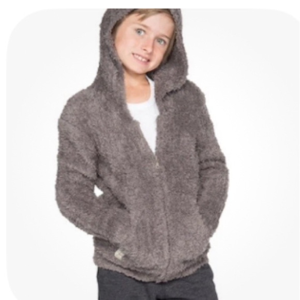 Barefoot Dreams CozyChic Youth Gray Ribbed Hooded Fleece Jacket